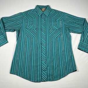 Wrangler Western Pearl Snap Men's Large Teal and White Striped Shirt